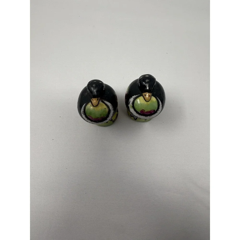 Hand Painted Puffy Bird Salt Pepper Shakers Purple Yellow Green 2 1/4 Japan Colo